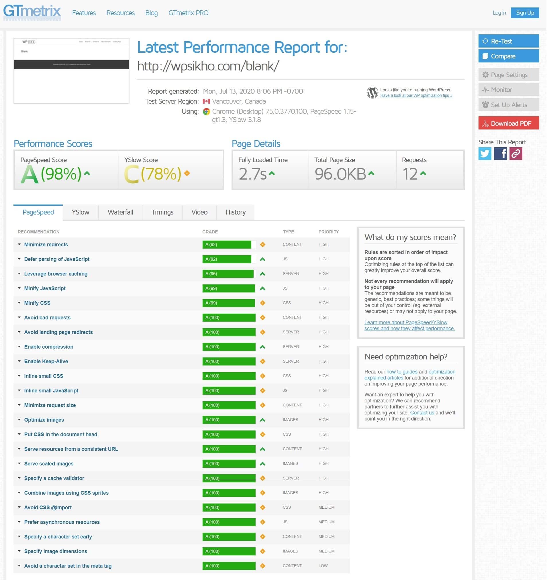Performance Report of Astra Theme by GTmetrix