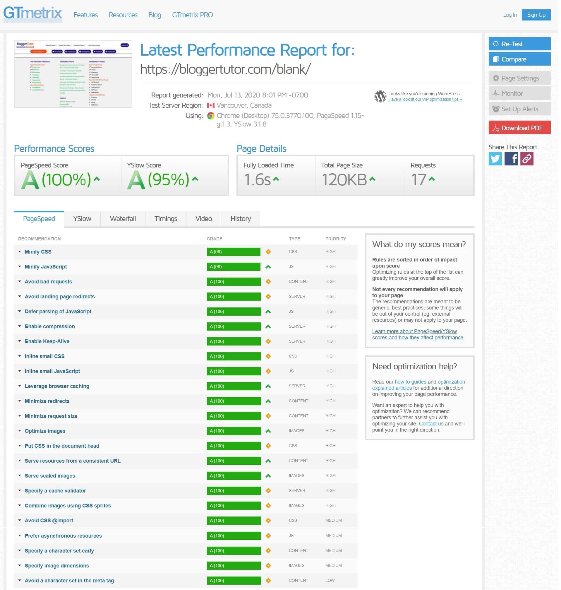 Performance Report of Kadence Theme by GTmetrix