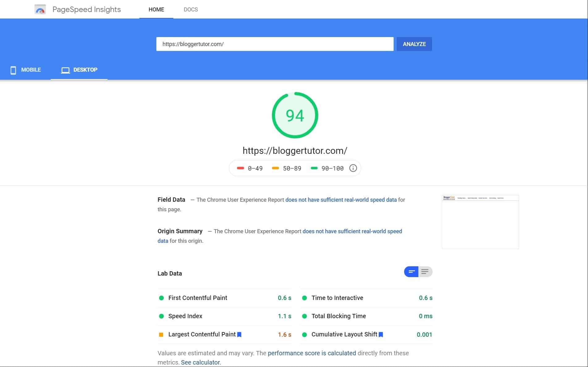 PageSpeed Insights desktop report for bloggertutor.com on the Kadence theme scoring 94, with a 0.6 second first contentful paint and zero total blocking time