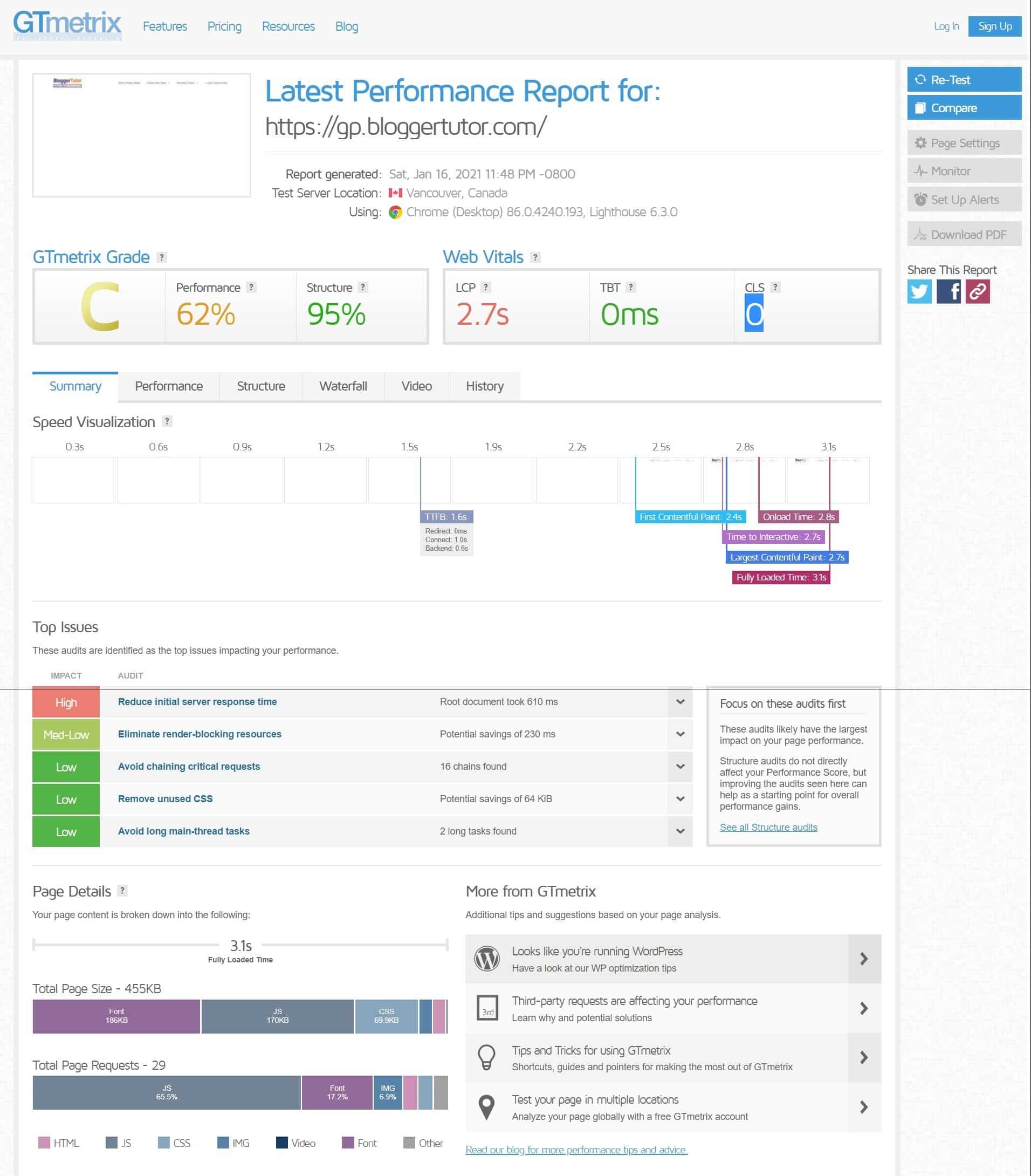 Latest Performance Report for GeneratePress Pro by GTmetrix