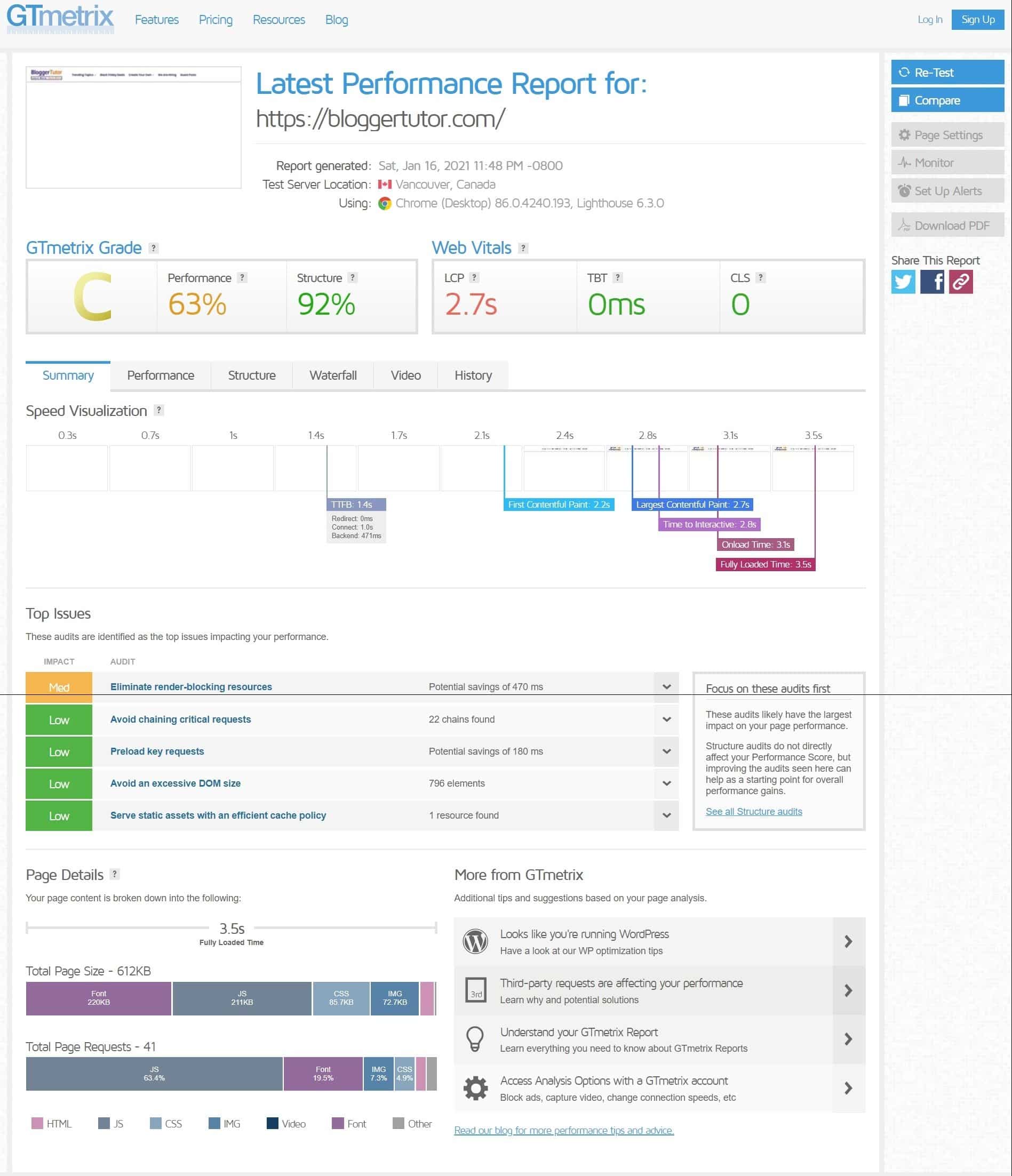 Latest Performance Report for Kadence Theme by GTmetrix