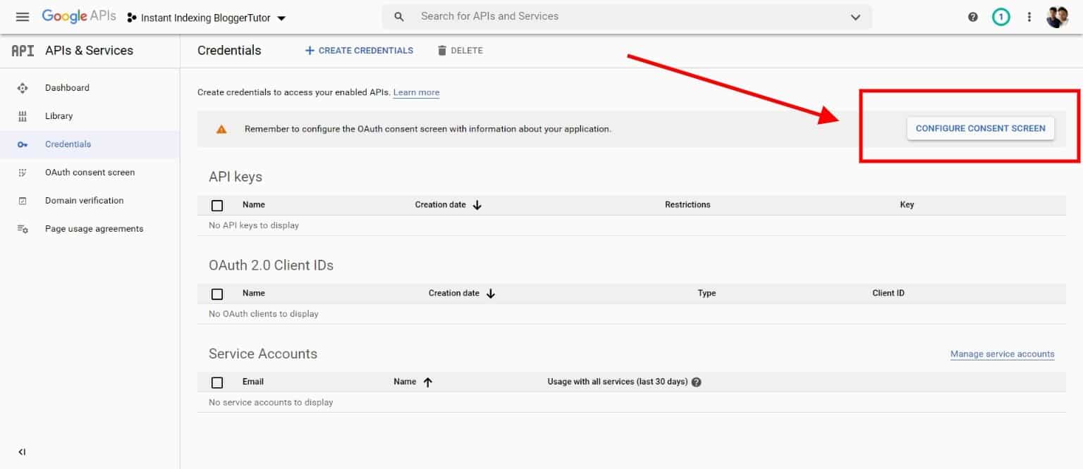 Rank Math Instant Indexing: How to Index Your Posts Faster in 2026 Credentials screen in the Google API Console for the Indexing API