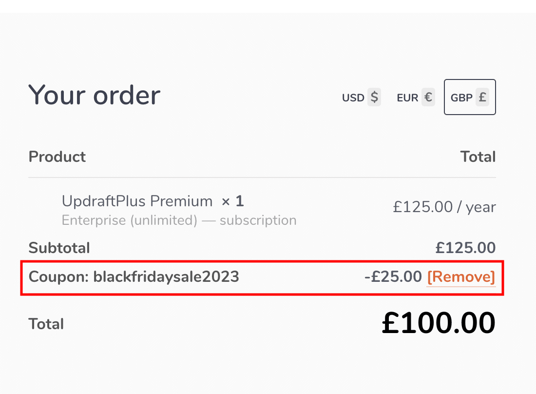 UpdraftPlus Black Friday coupon applied at checkout