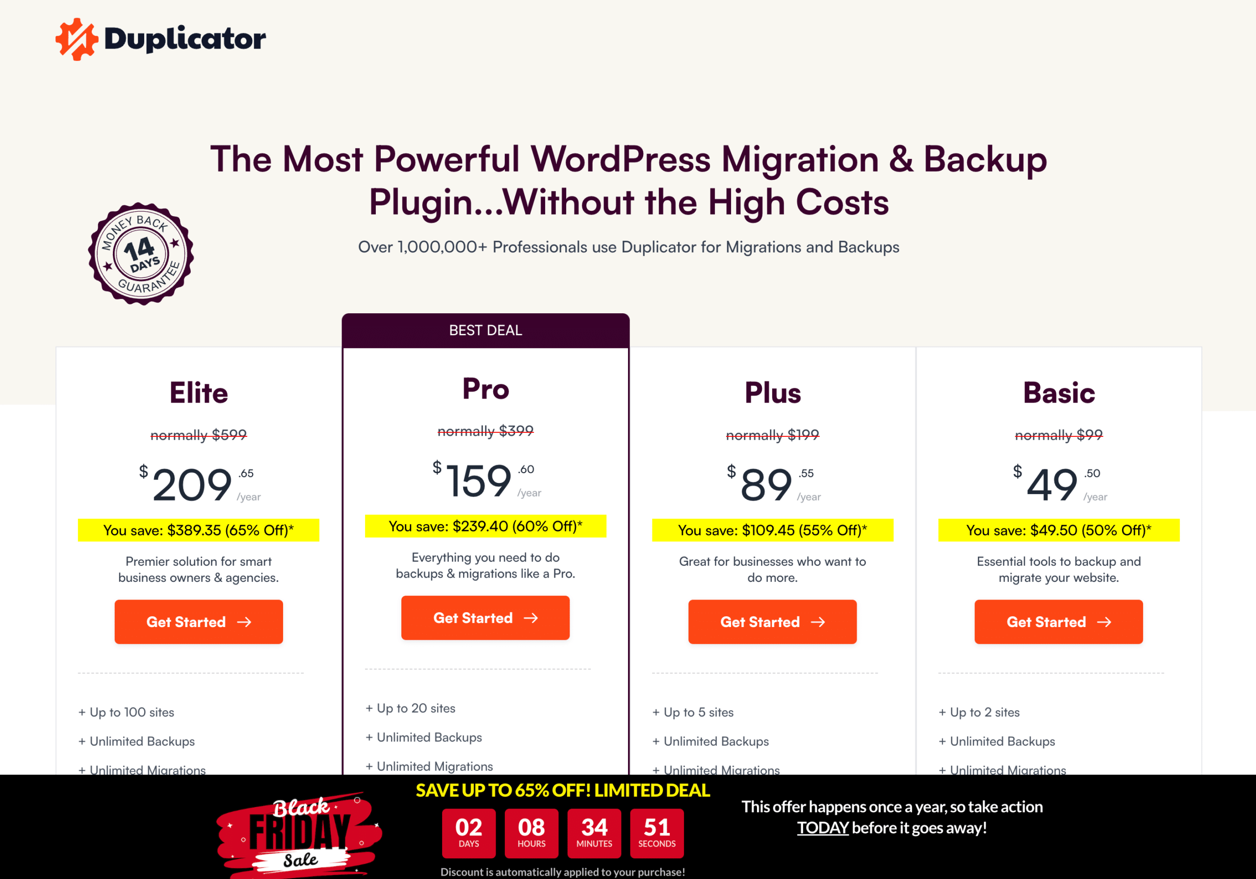 Duplicator Pro Black Friday pricing showing up to 65 percent off
