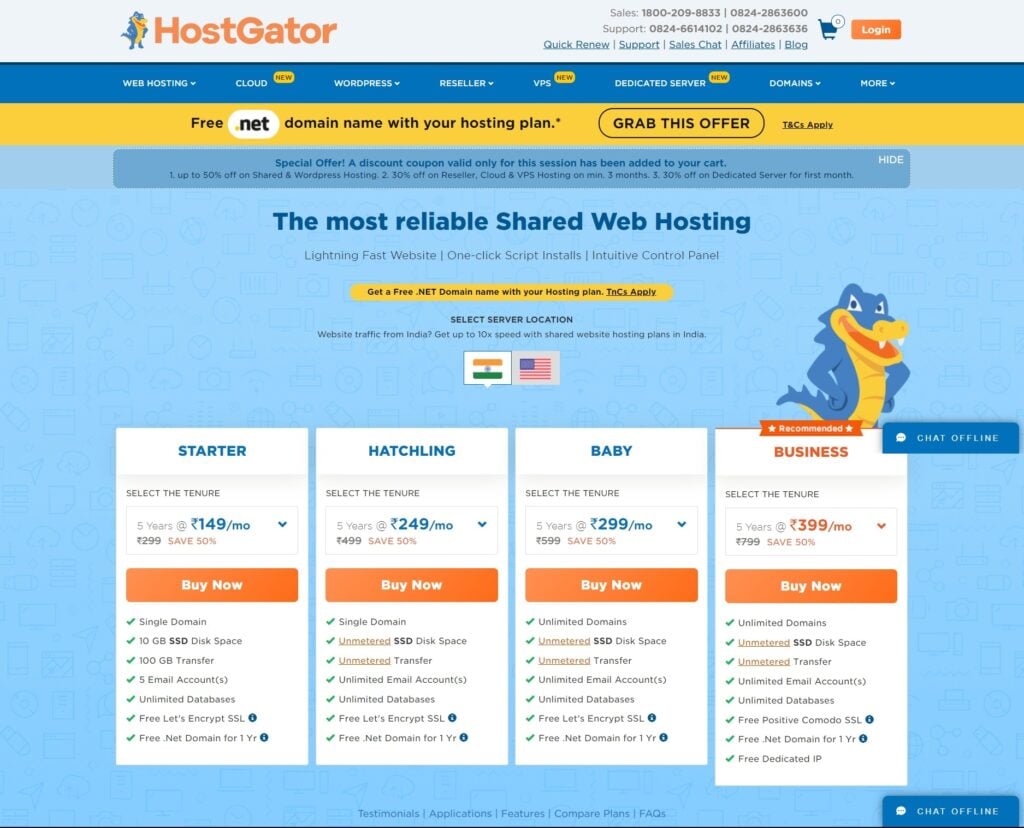 HostGator India Hosting Plan and Pricings