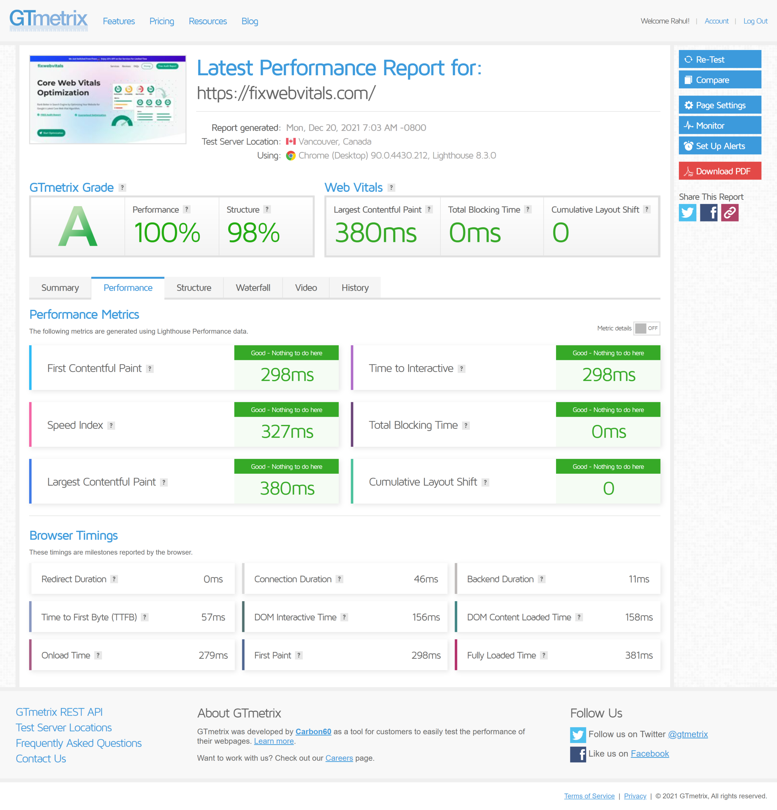 GTmetrix report for the Cloudways test site at grade A with 100 percent performance, a 380 millisecond largest contentful paint and a 57 millisecond time to first byte