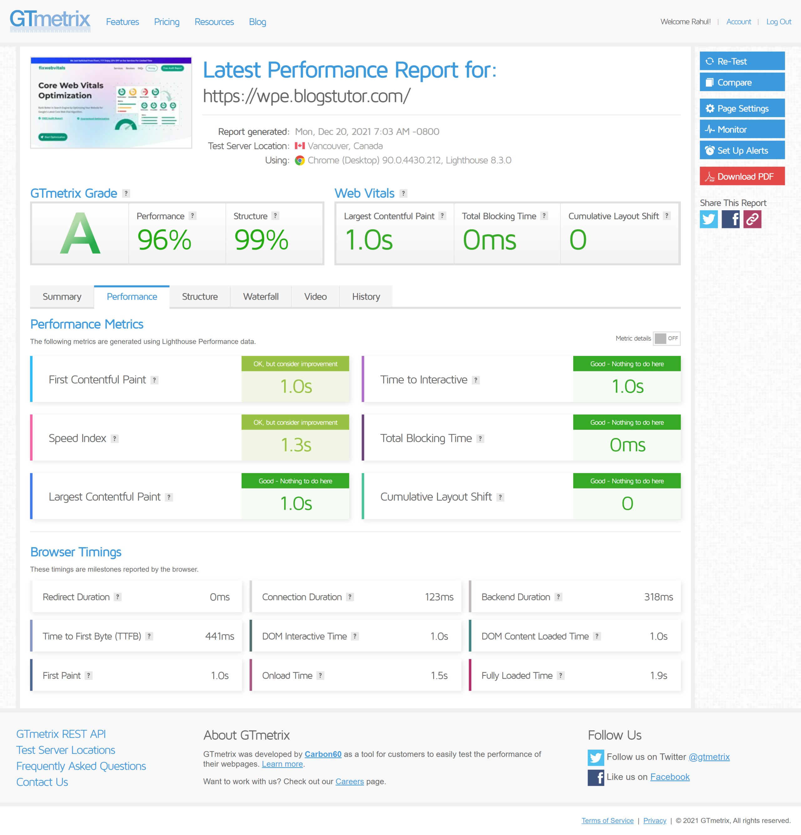 GTmetrix report for the WP Engine test site at grade A with 96 percent performance, a 1.0 second largest contentful paint and a 441 millisecond time to first byte