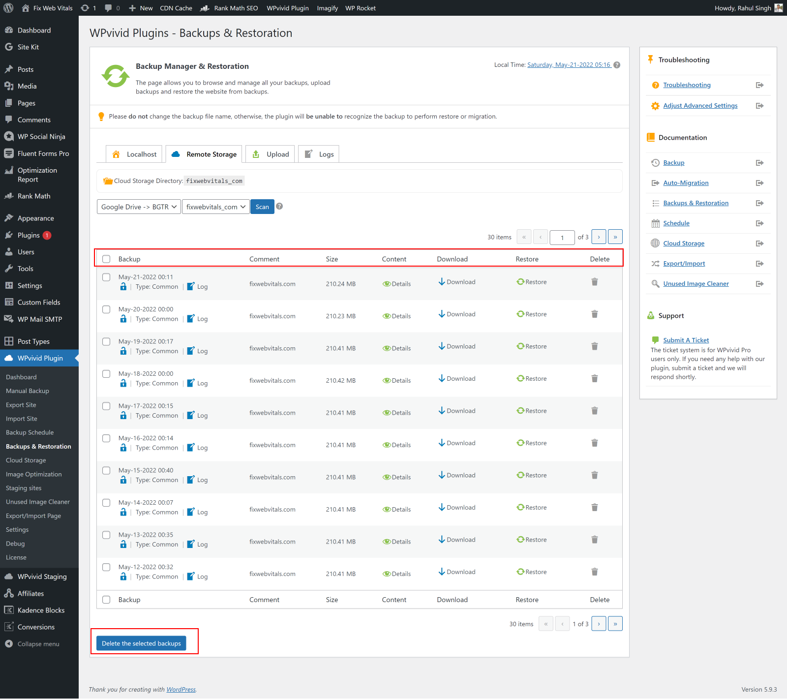 WPvivid vs UpdraftPlus 2026, Which Backup Plugin Wins? WPvivid backup and restore panel listing saved backups