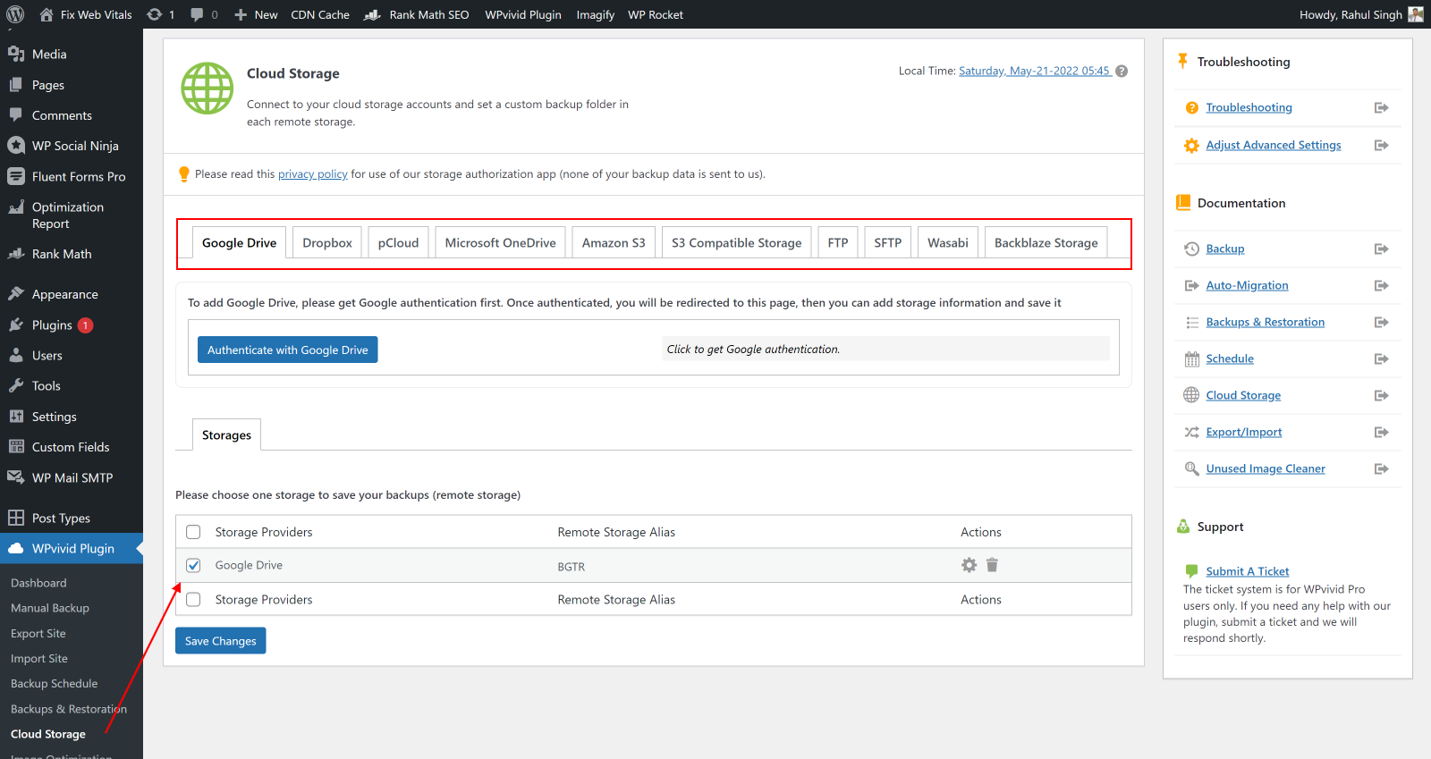 WPvivid vs UpdraftPlus 2026, Which Backup Plugin Wins? WPvivid cloud storage panel showing remote backup destinations
