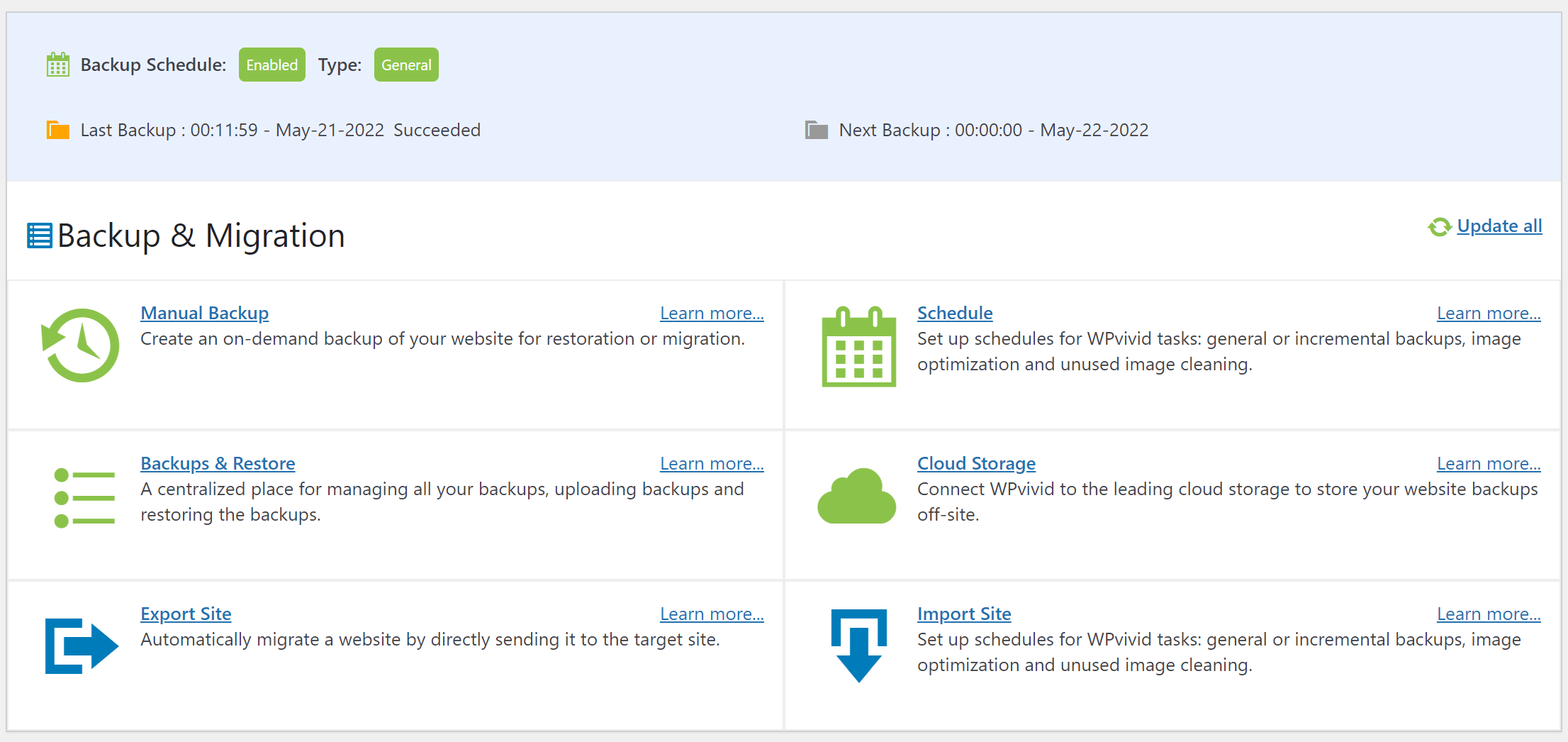 WPvivid backup and migration dashboard in WordPress