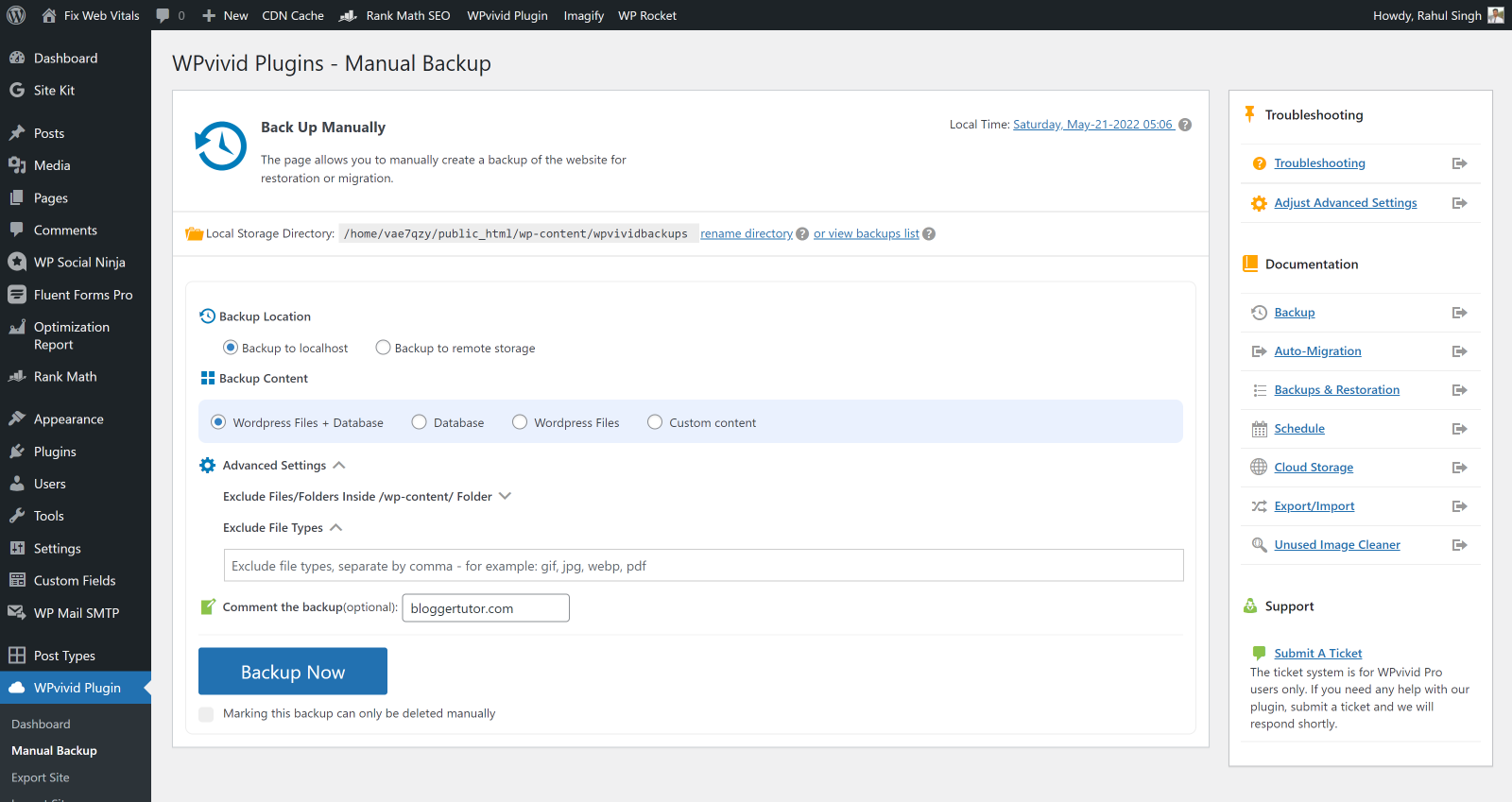 Running a manual backup in WPvivid