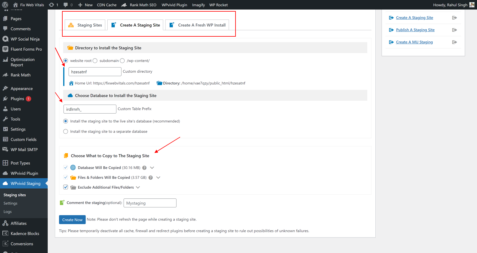 WPvivid vs UpdraftPlus 2026, Which Backup Plugin Wins? WPvivid staging panel for creating a test copy of a site