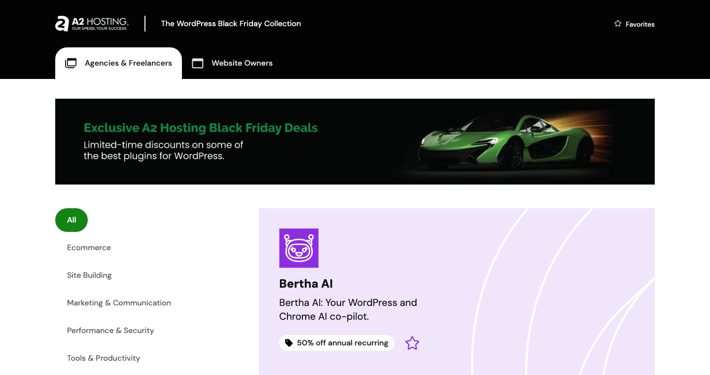 The blackfriday.a2hosting.com microsite still live in 2026 showing the WordPress Black Friday Collection of third party product offers from 2023