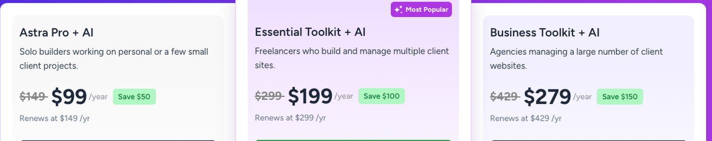 Astra pricing cards showing Astra Pro plus AI at 99 dollars renewing at 149, Essential Toolkit at 199 renewing at 299 and Business Toolkit at 279 renewing at 429 a year