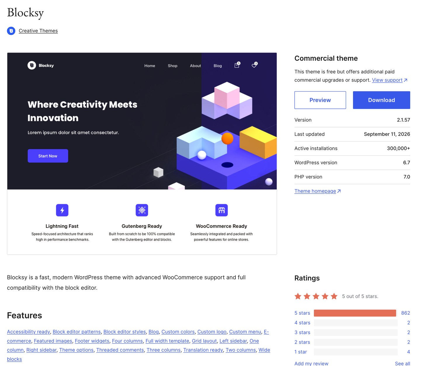 Blocksy on WordPress.org showing a 5 out of 5 rating and 300,000 active installations