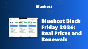 Bluehost Black Friday 2026 pricing, Starter at 3.99 dollars a month renewing at 9.99
