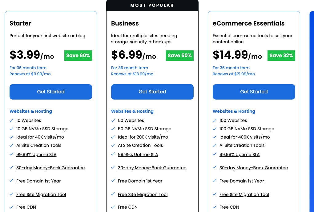 Bluehost Starter, Business and eCommerce Essentials plan cards showing prices, 36 month terms, renewal rates and included features