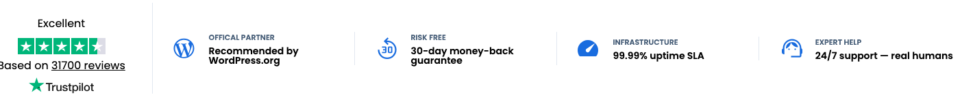 Bluehost trust strip showing an Excellent Trustpilot rating from 31,700 reviews, recommended by WordPress.org, a 30 day money back guarantee and a 99.99 percent uptime SLA