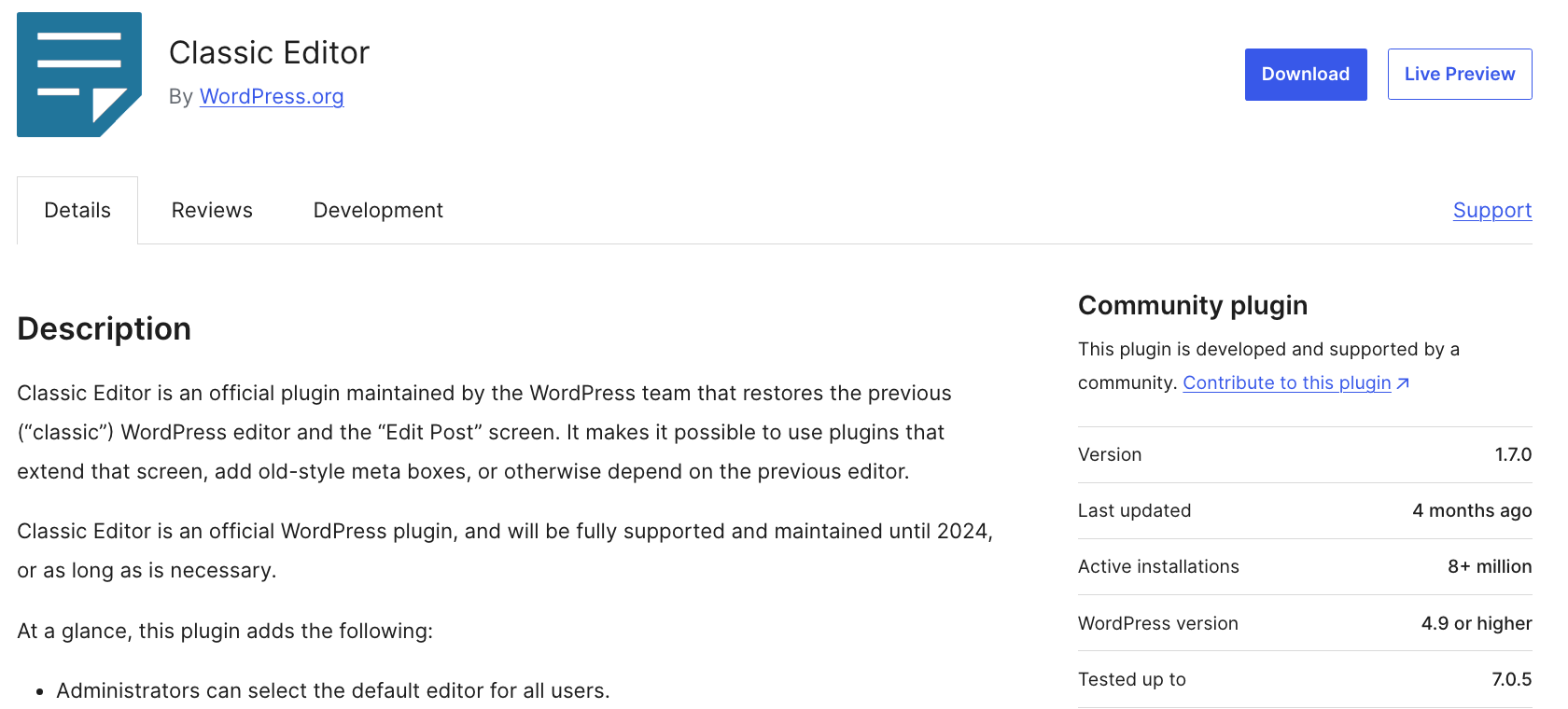 Classic Editor WordPress.org listing showing 8 million installs and its support statement