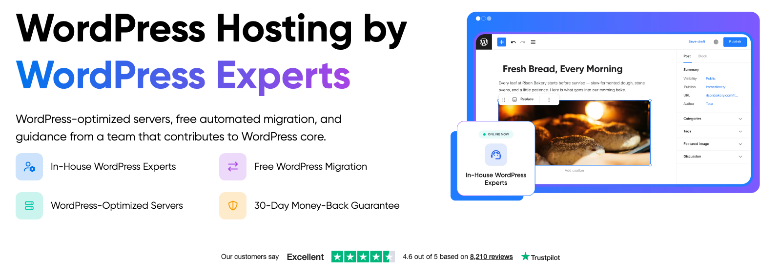 DreamHost WordPress hosting page listing a 30 day money back guarantee alongside its Trustpilot rating of 4.6 from 8,210 reviews