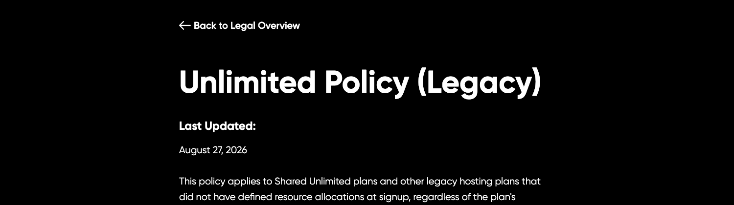 DreamHost Unlimited Policy marked Legacy, last updated August 2026, applying only to Shared Unlimited and other legacy plans