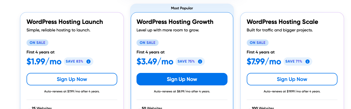 DreamHost WordPress hosting on a four year term at 1.99 dollars a month, 83 percent off, renewing at 7.99