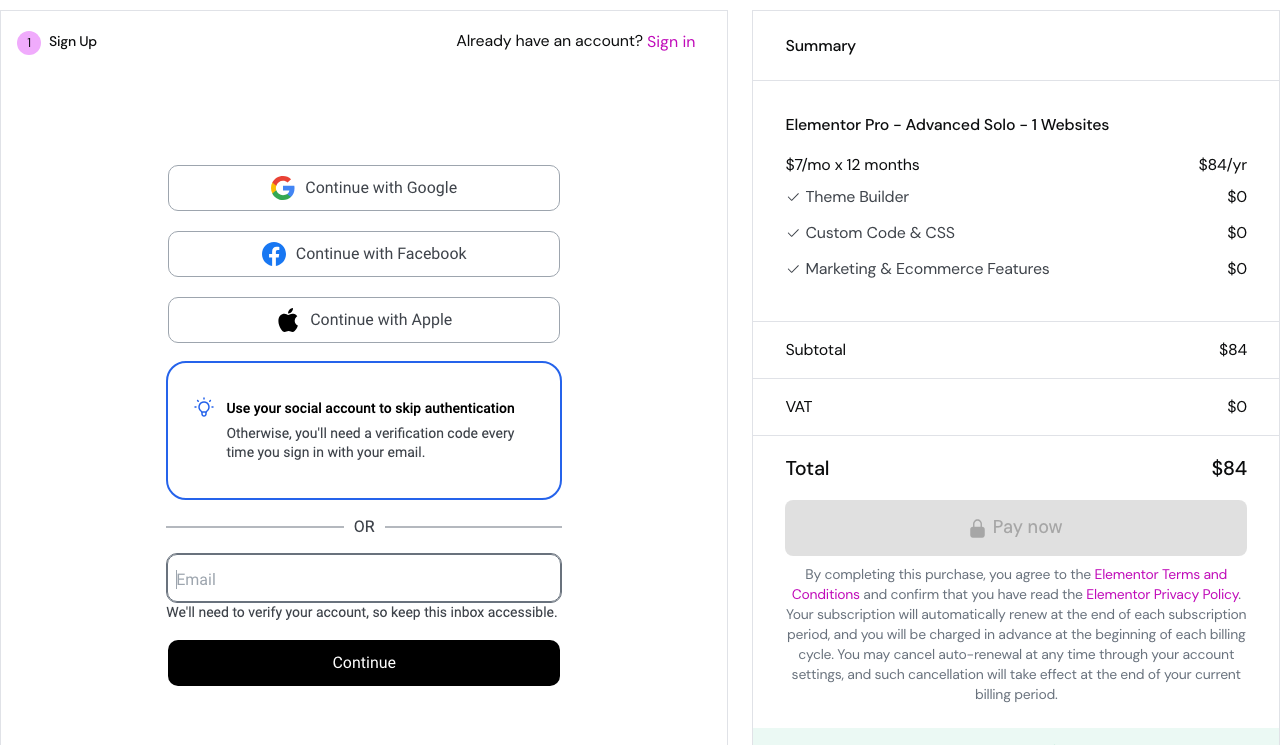 Elementor Pro Coupon Code 2026, and Why None of Them Work Elementor checkout summary showing subtotal 84 dollars, VAT zero and total 84 dollars with no coupon or promo code field anywhere on the page