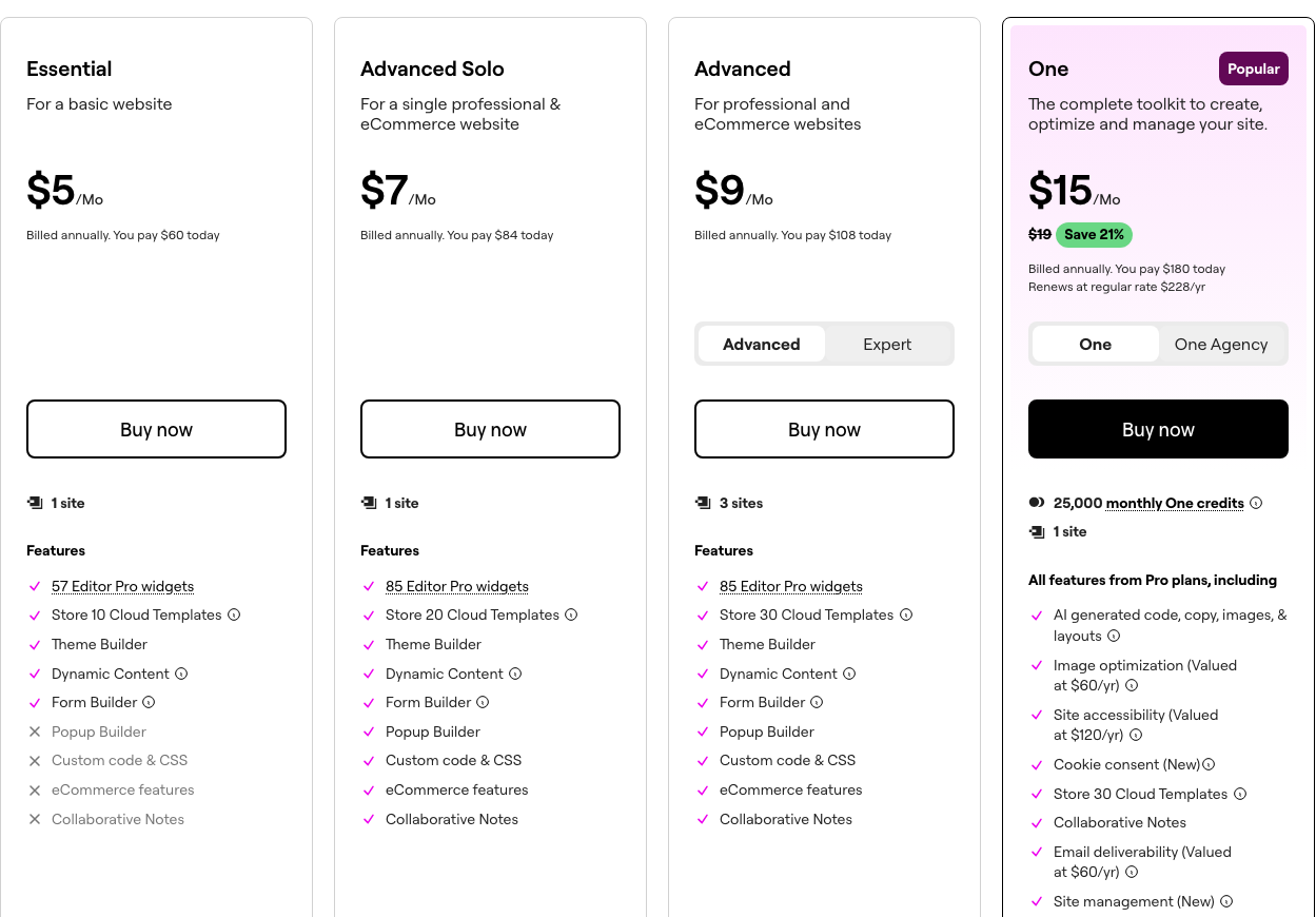 Elementor Pro Coupon Code 2026, and Why None of Them Work Elementor pricing page with Essential at 60 dollars, Advanced Solo at 84 dollars, Advanced at 108 dollars and One at 180 dollars a year