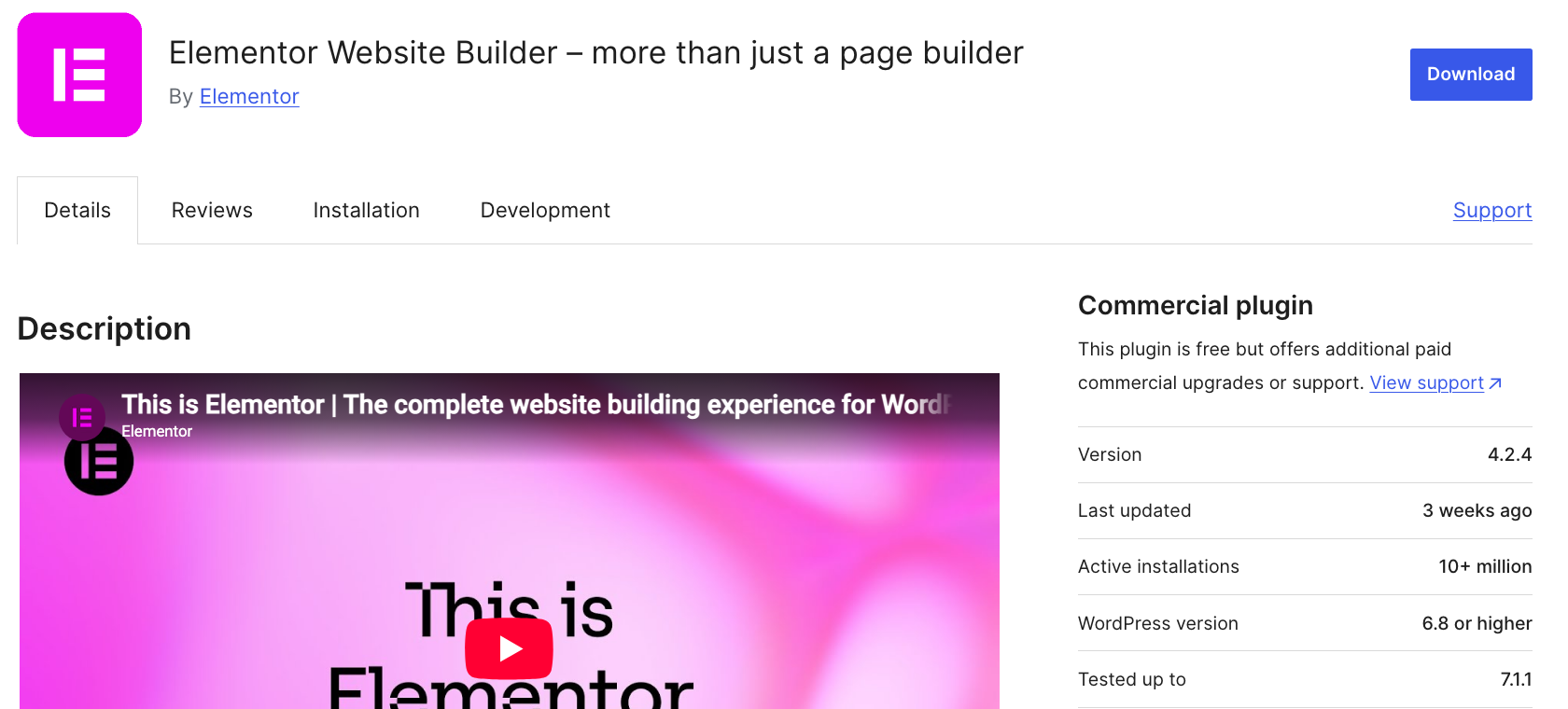 Elementor WordPress.org listing showing 10 million active installations