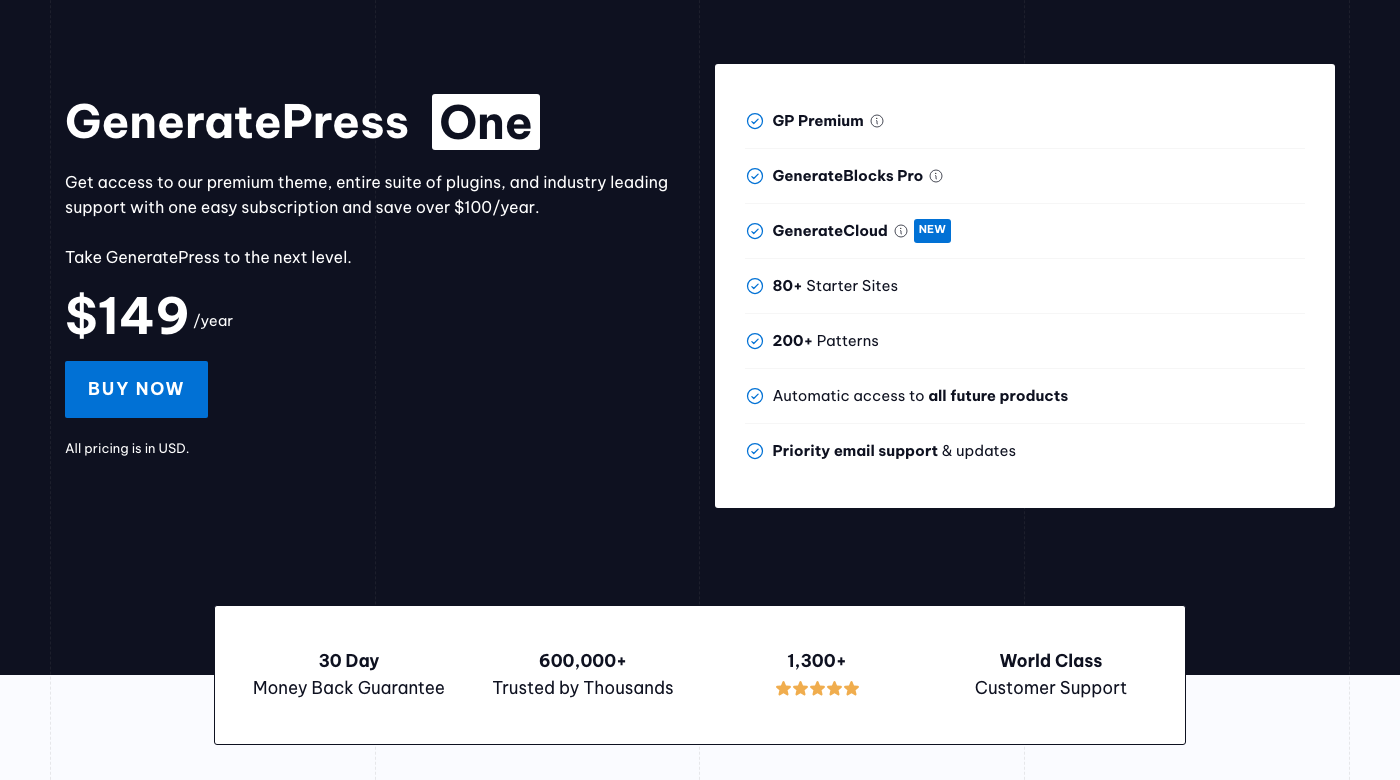 WordPress Theme Deals 2026, Verified Prices and Renewals GeneratePress One pricing at 149 dollars a year bundling GP Premium, GenerateBlocks Pro, GenerateCloud, 80 starter sites and 200 patterns, with a 30 day money back guarantee