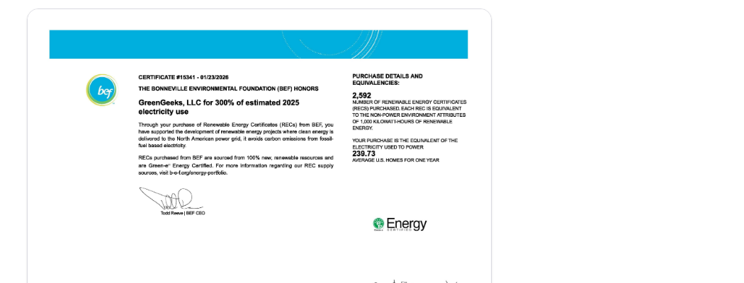 GreenGeeks Black Friday 2026, Prices, Renewals and the Green Claim Bonneville Environmental Foundation certificate 15341 dated January 2026, recording 2,592 renewable energy certificates purchased for 300% of GreenGeeks estimated 2025 electricity use