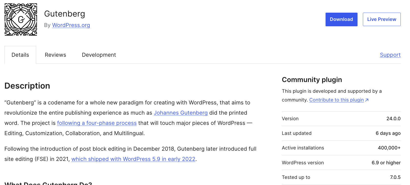 Gutenberg feature plugin WordPress.org listing showing its rating and install count
