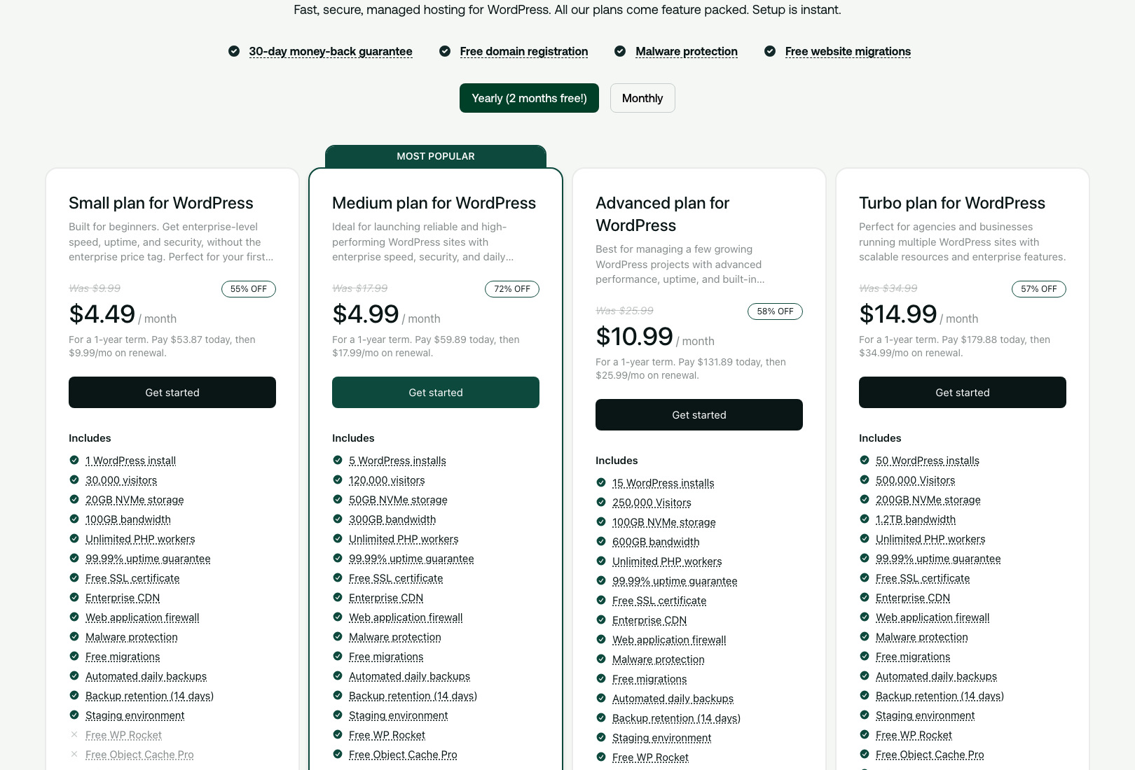Hosting.com WordPress plans showing Small at 4.49 dollars, Medium at 4.99 dollars, Advanced at 10.99 dollars and Turbo at 14.99 dollars a month with renewal prices and the Small plan excluding WP Rocket and Object Cache Pro