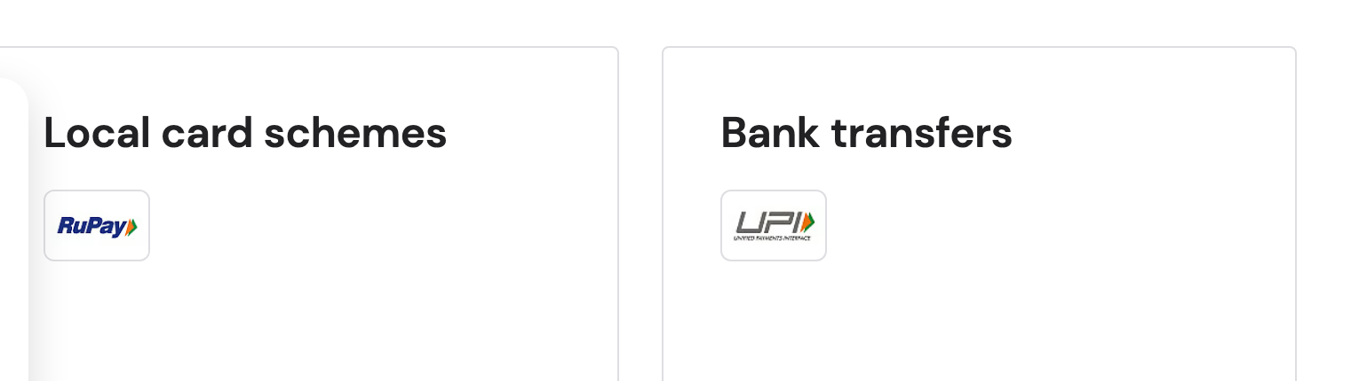 Hostinger payment methods page showing RuPay under local card schemes and UPI under bank transfers