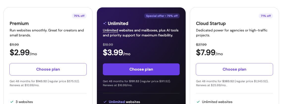 Hostinger Black Friday 2026 plan prices showing Premium at 2.99, Unlimited at 3.99 and Cloud Startup at 7.99 per month