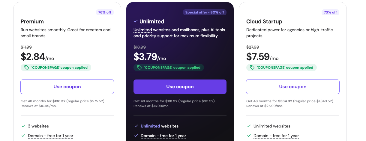 Hostinger coupons page with the COUPONSPAGE coupon applied, showing 2.84, 3.79 and 7.59 per month against the Black Friday page prices