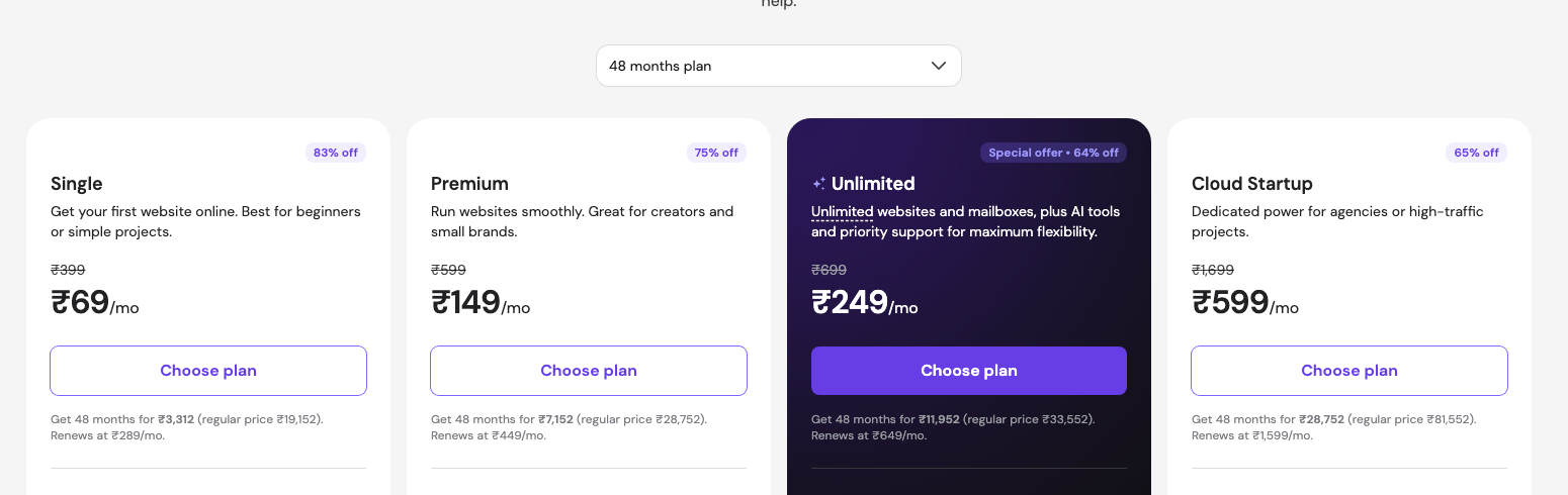 Hostinger India pricing page showing four plans including a Single plan at 69 rupees per month that does not appear on the US pricing page