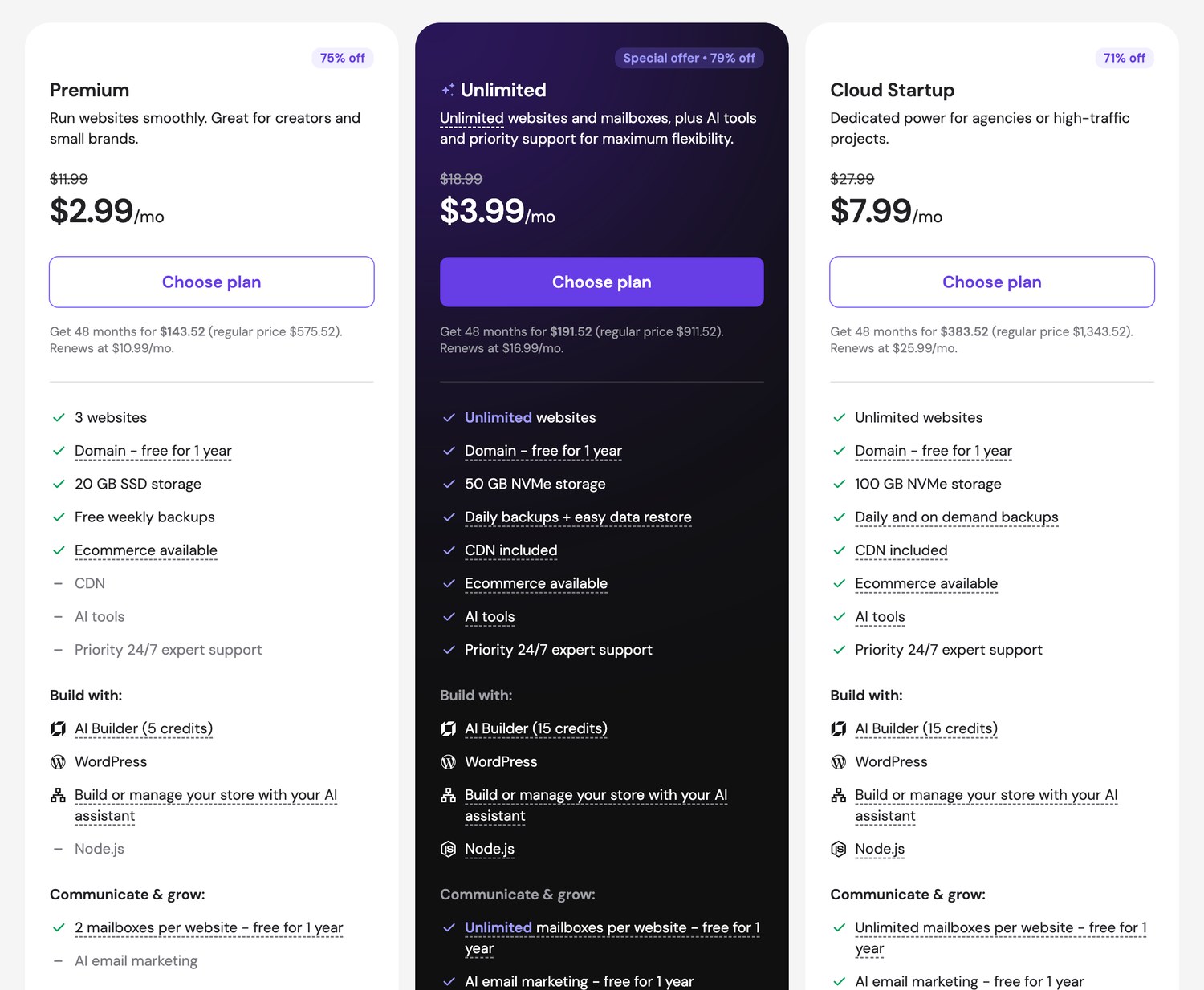 Hostinger web hosting plans showing intro prices and the renewal rate under each plan
