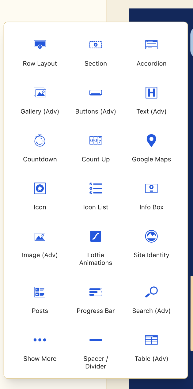 The Kadence Blocks inserter panel showing Row Layout, Section, Accordion, Gallery, Buttons, Text, Countdown, Count Up, Google Maps, Icon, Icon List, Info Box, Image, Lottie Animations, Site Identity, Posts, Progress Bar, Search, Show More, Spacer and Table blocks