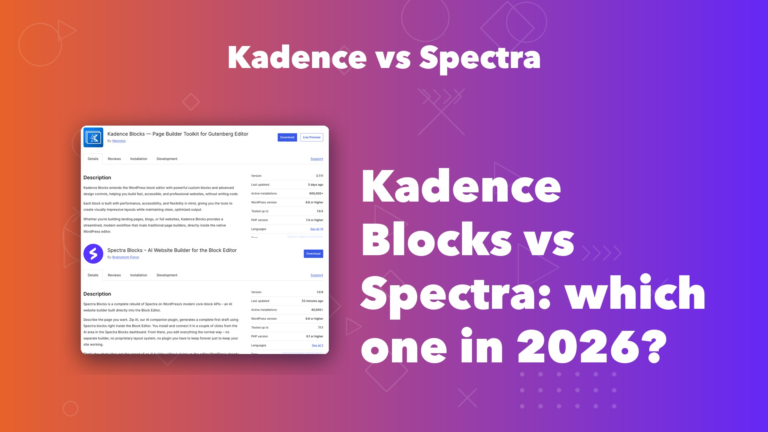 Kadence Blocks and Spectra Blocks WordPress.org listings side by side showing 600,000 and 40,000 active installations
