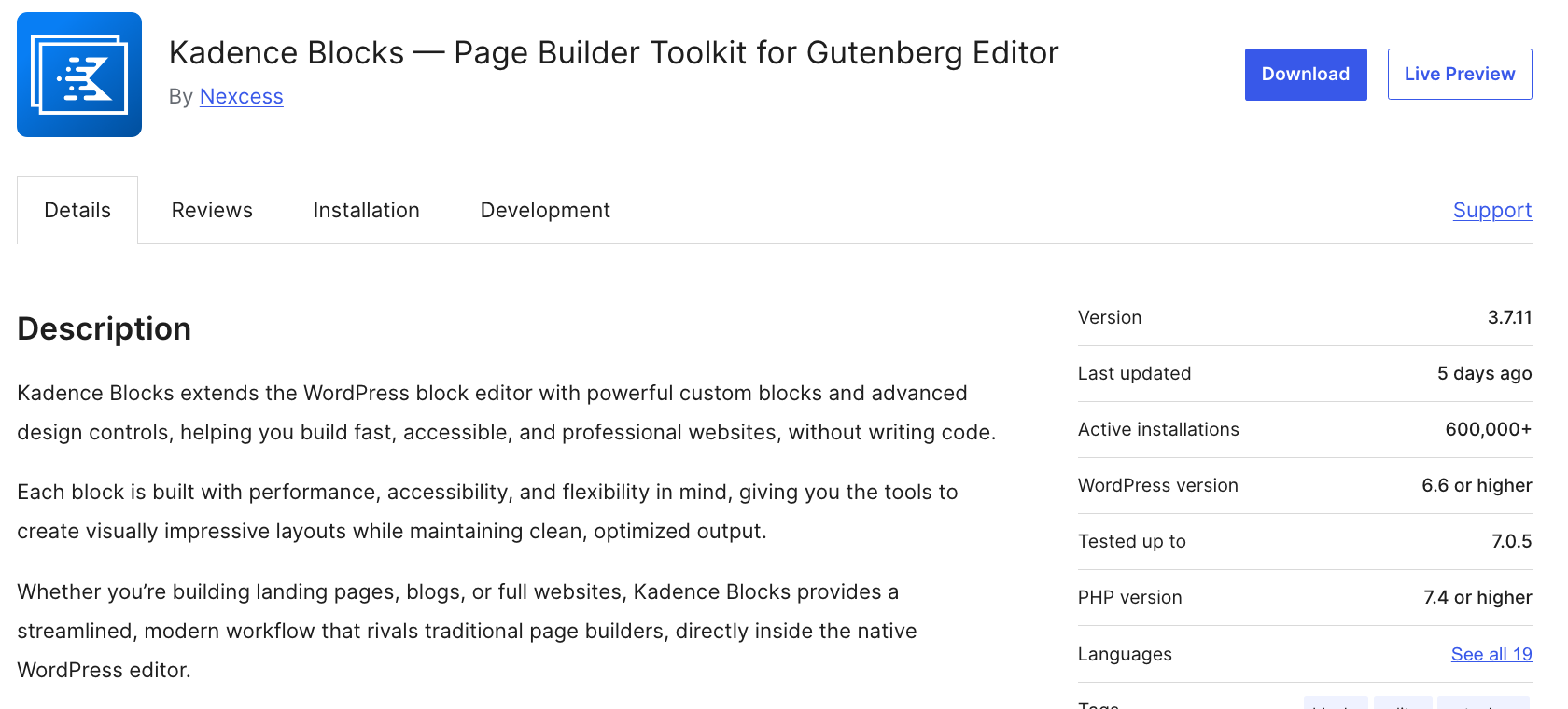 Kadence Blocks WordPress.org listing showing version 3.7.11, 600,000 active installations and PHP 7.4 or higher