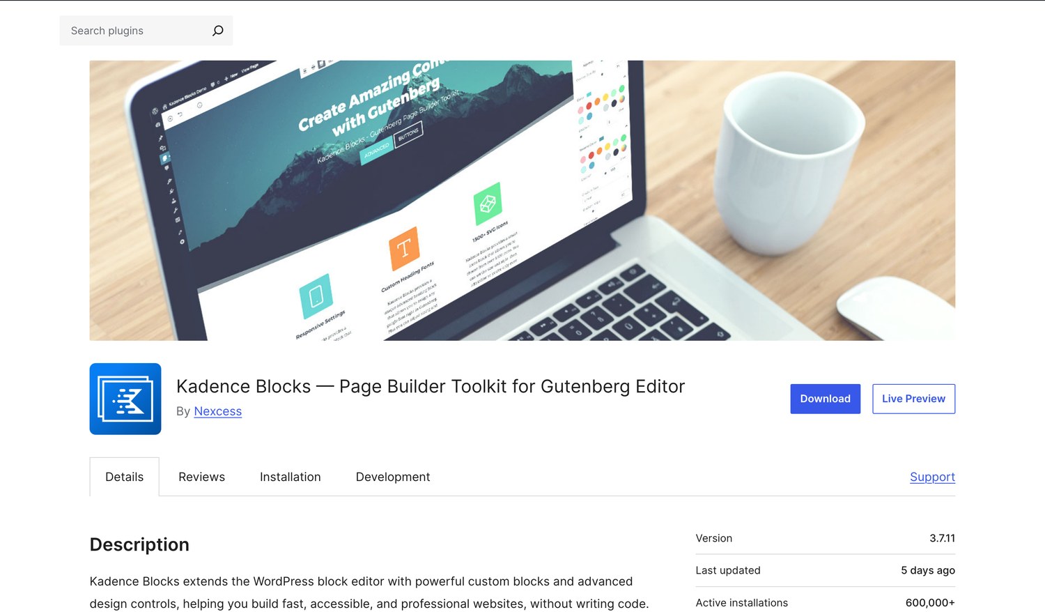 Kadence Blocks vs Elementor 2026, Which One Should You Use? Kadence Blocks on WordPress.org showing version, last update and active installations