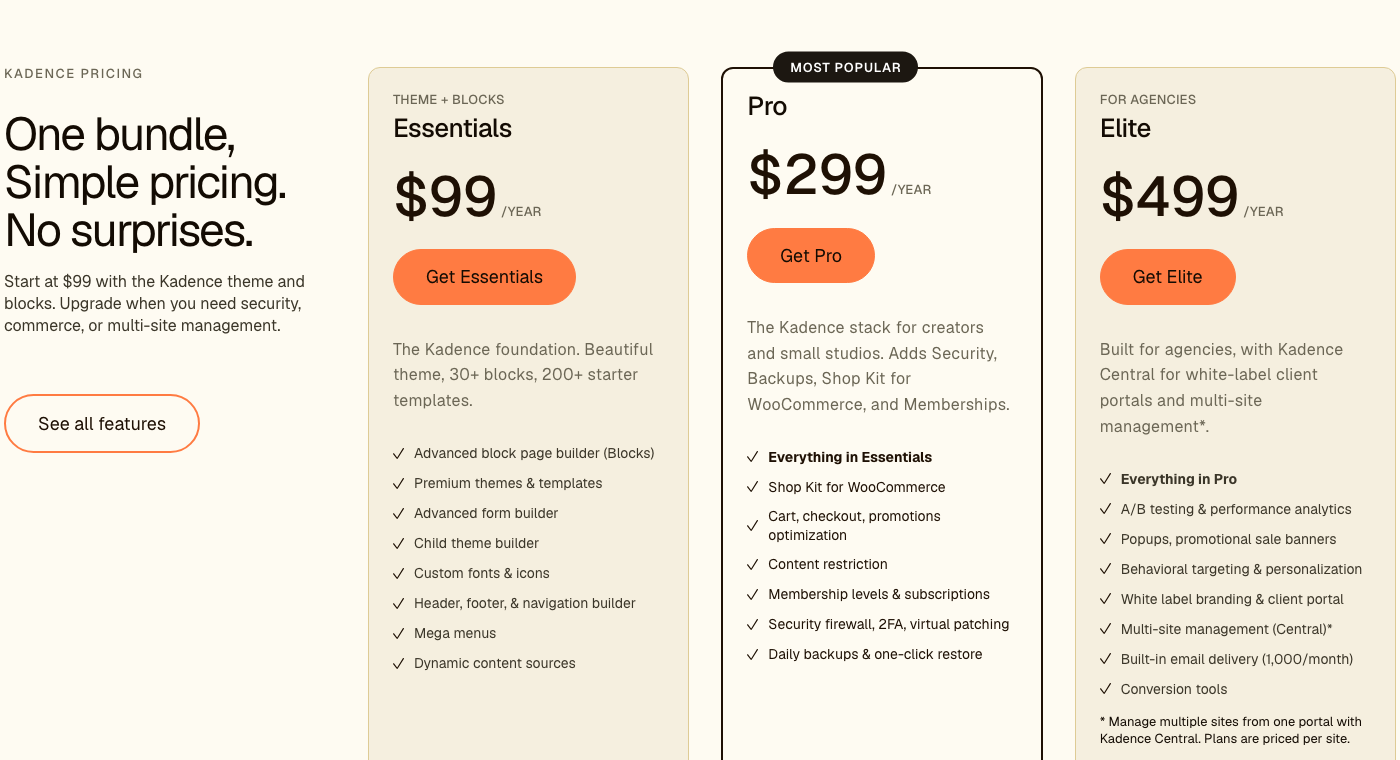 Kadence Blocks vs Spectra 2026, Which Block Plugin Wins? Kadence pricing showing Essentials 99 dollars, Pro 299 dollars and Elite 499 dollars