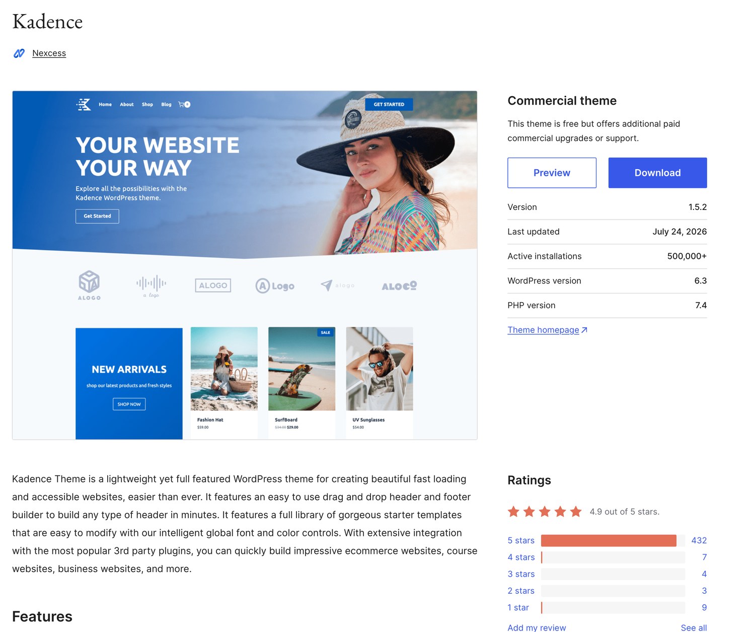 Kadence theme on WordPress.org showing its rating and active installations