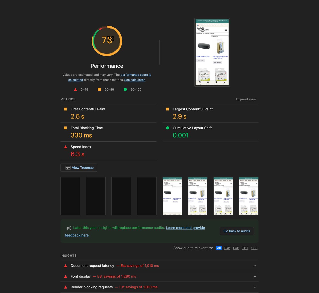 Lighthouse mobile report for the WooCommerce shop archive after xSpeed Cache showing a score of 78
