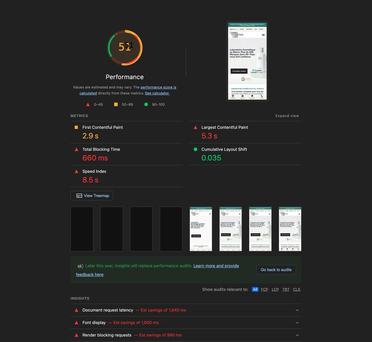 Lighthouse mobile report before xSpeed Cache showing a score of 51