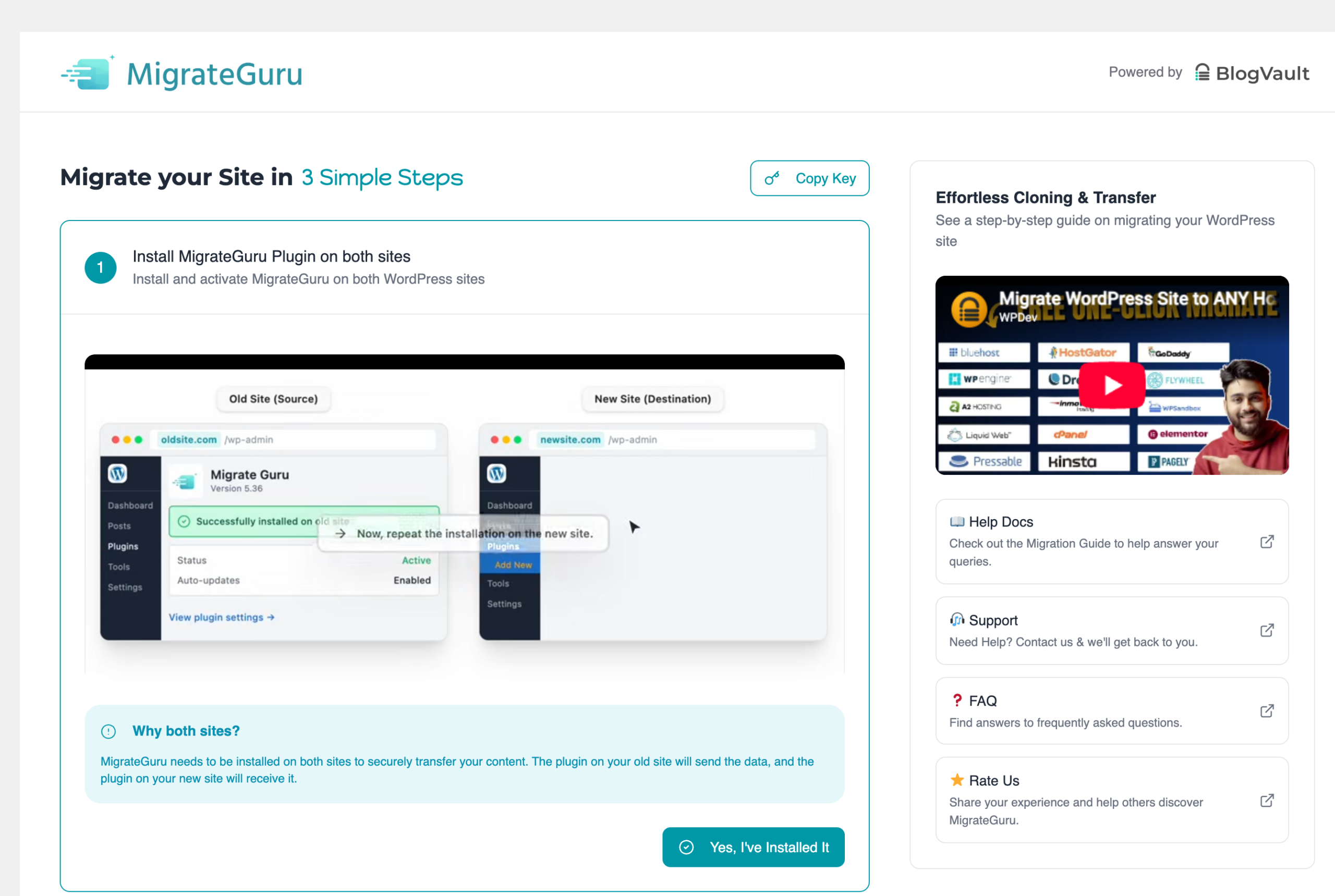 WordPress Migration to Any Host: 2 Methods, Tested on a 3.6 GB Site MigrateGuru step 1 asking for the plugin on both sites