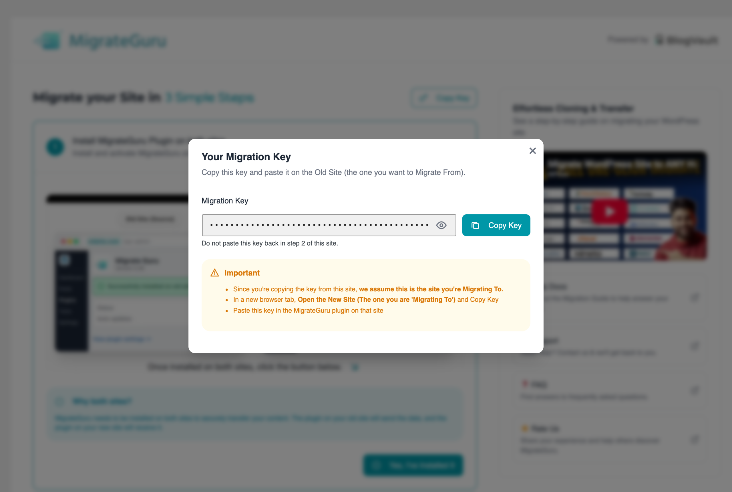 WordPress Migration to Any Host: 2 Methods, Tested on a 3.6 GB Site The MigrateGuru migration key modal on the destination site