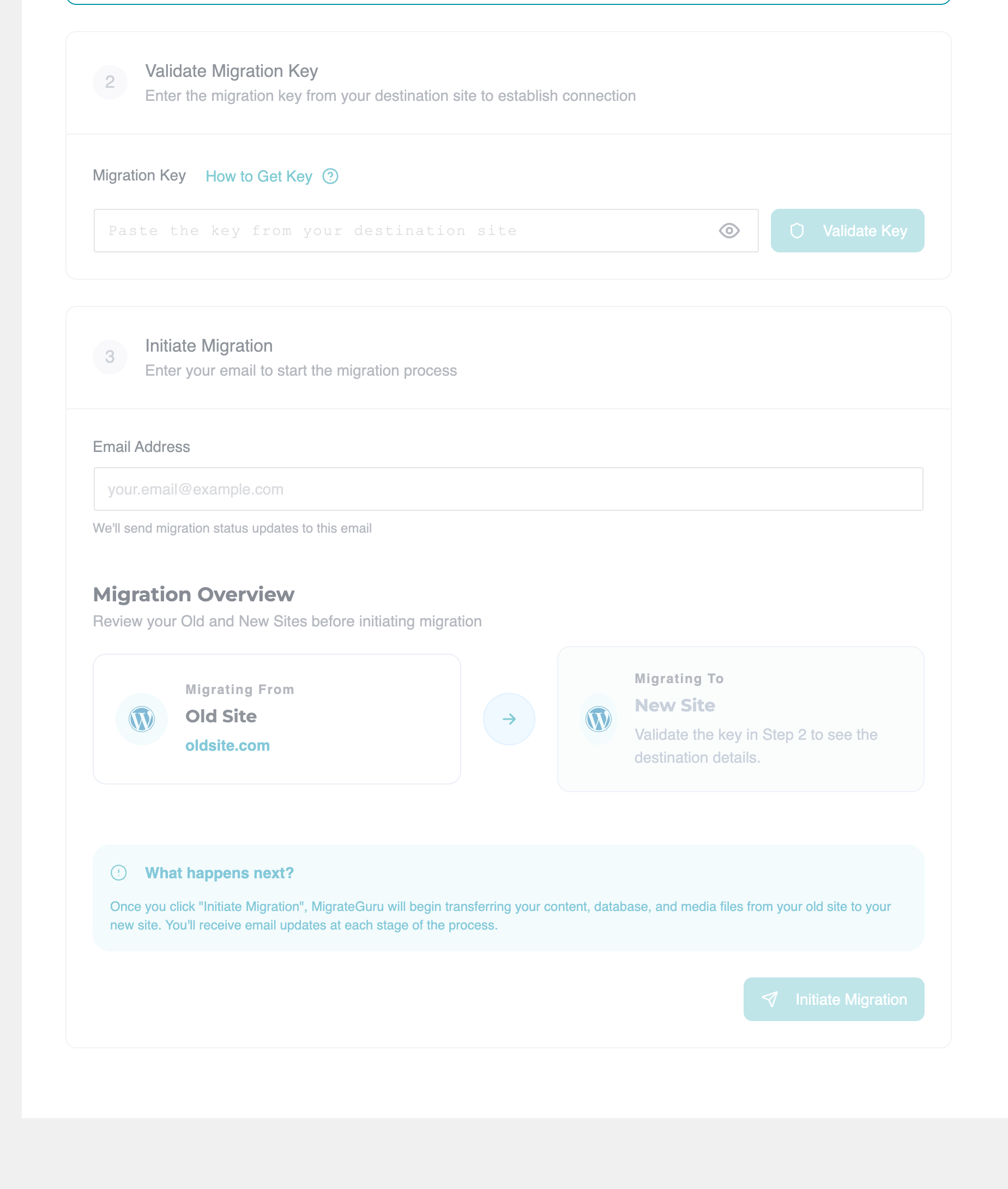 WordPress Migration to Any Host: 2 Methods, Tested on a 3.6 GB Site MigrateGuru migration overview showing source and destination