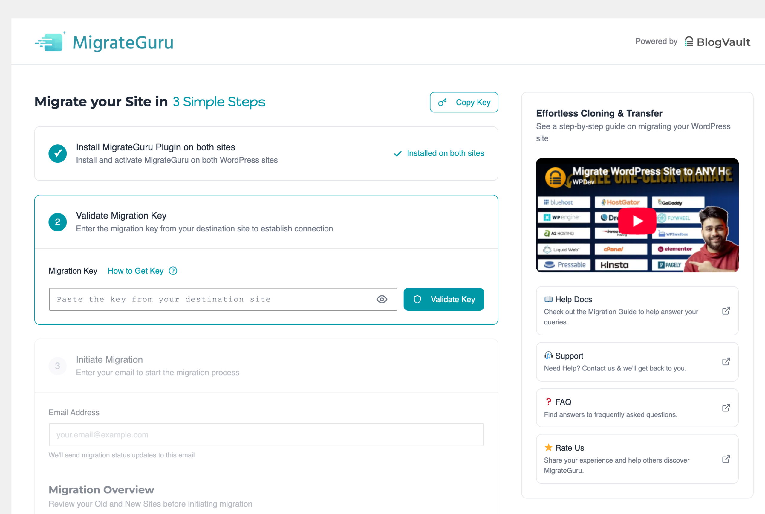 WordPress Migration to Any Host: 2 Methods, Tested on a 3.6 GB Site MigrateGuru step 2 validate key and step 3 initiate migration